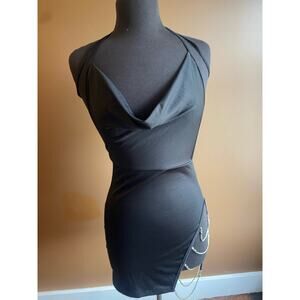 Women's M Black Party Club Rhinestone Accent Dress Drape Neck GUC